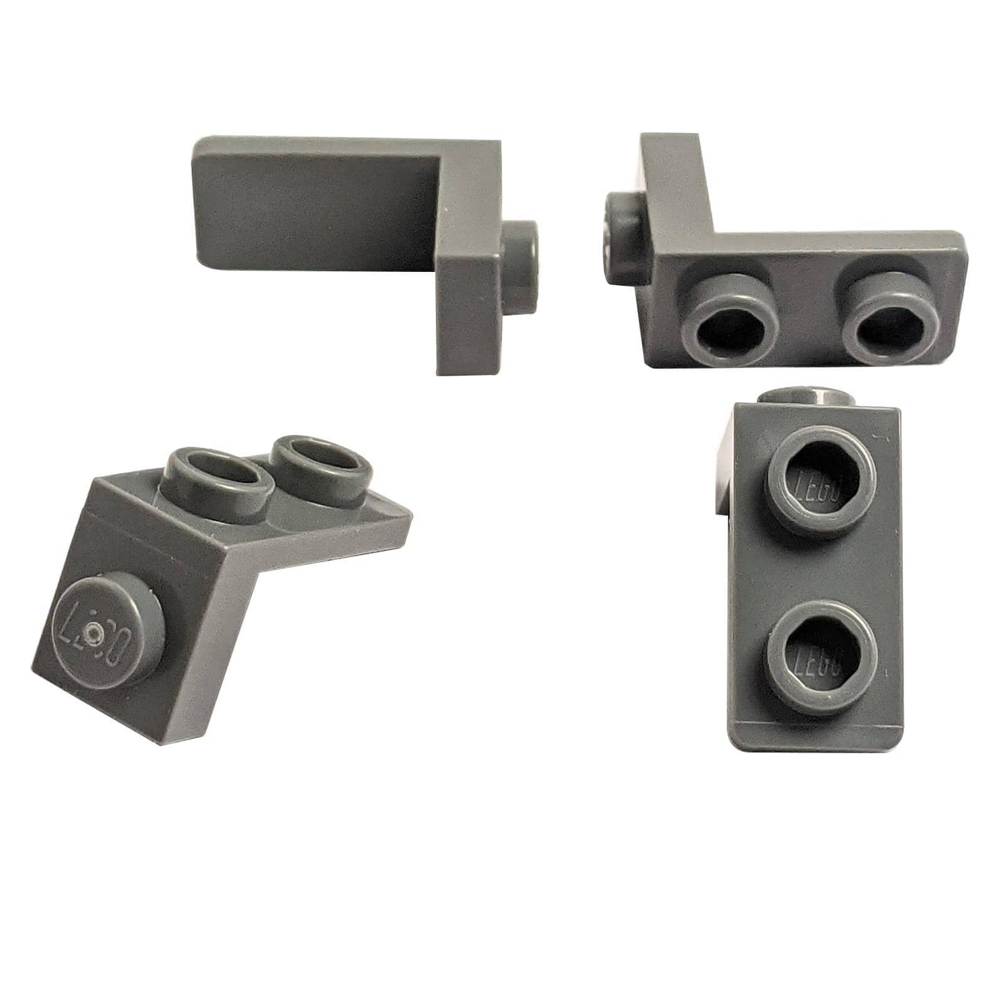 LEGO® bracket 1 x 1 - 1 x 2 piece, right-angle offset element for side-mounted studs and compact builds, dark bluish gray color
