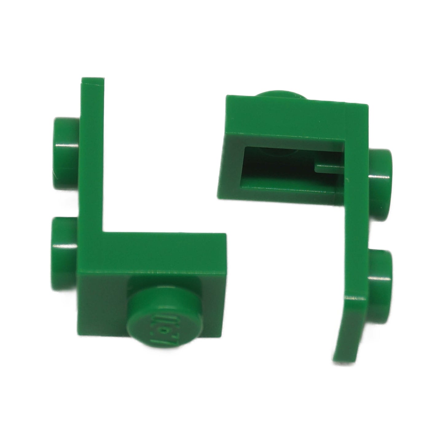 LEGO® bracket 1 x 1 - 1 x 2 piece, right-angle offset element for side-mounted studs and compact builds, green color
