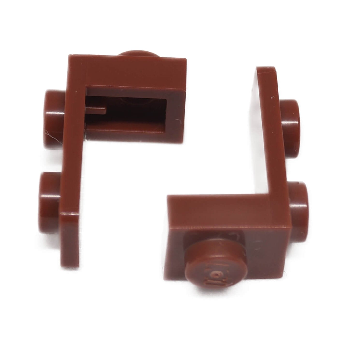 LEGO® bracket 1 x 1 - 1 x 2 piece, right-angle offset element for side-mounted studs and compact builds, reddish brown color

