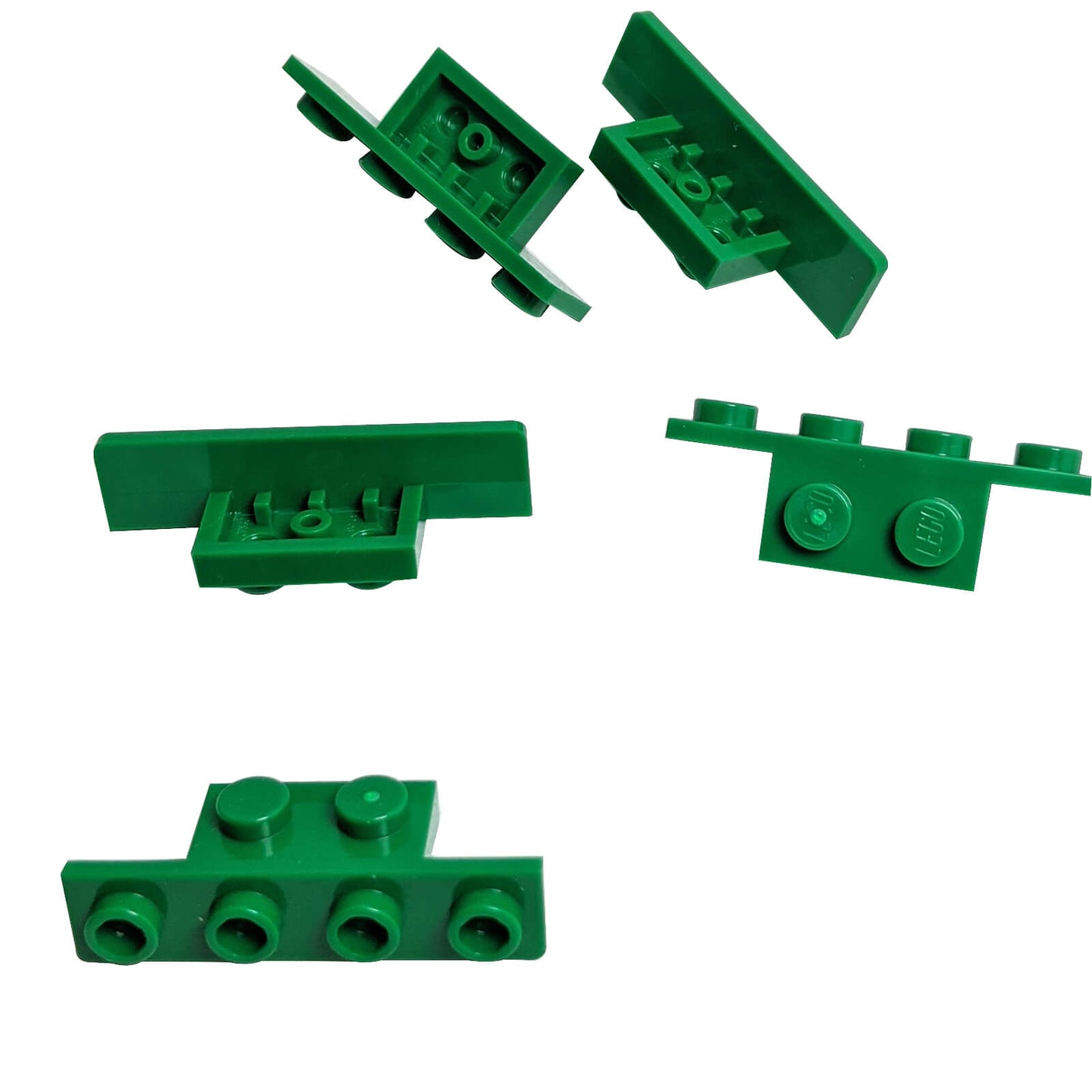 LEGO® Bracket 1 x 2 – 1 x 4 (Part 28802) in green, used for offset building and SNOT constructions
