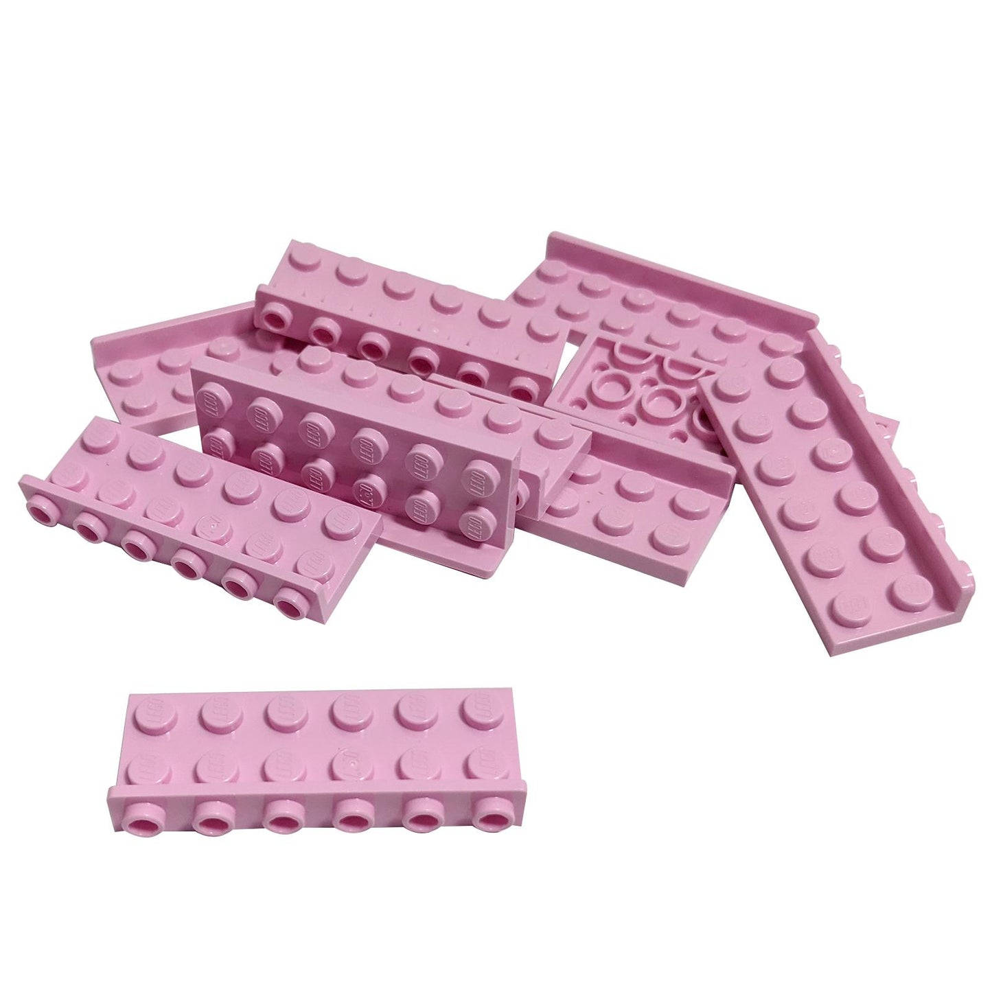 LEGO® Držák 2 x 6 - 1 x 6 Inverted (64570) v jasně růžové barvě, zobrazující detail čepu a spodní strany.