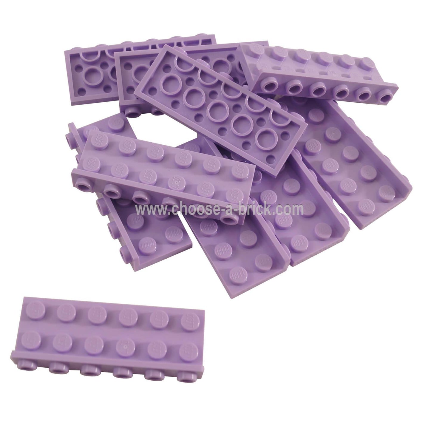 LEGO® Držák 2 x 6 - 1 x 6 Inverted (64570) v středně levandulové barvě, zobrazující detail čepu a spodní strany.