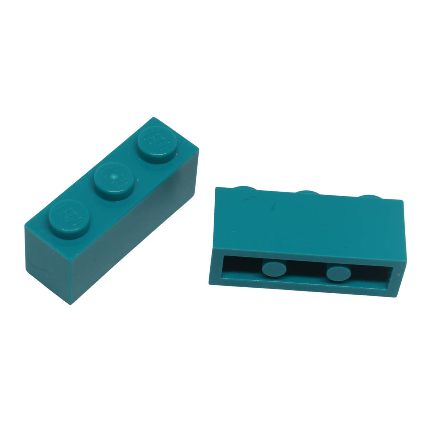 Dark turquoise 1x3 brick building piece with three studs on top for minifigure scale builds
