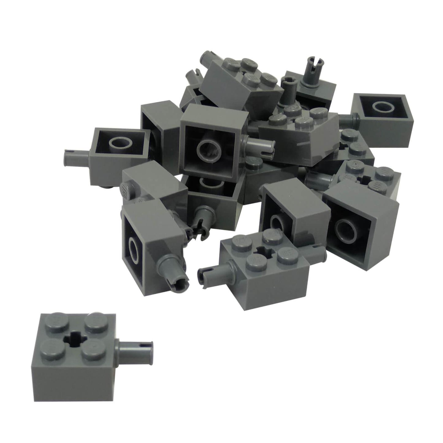 LEGO modified brick 2x2 part 6232 with pin and axle hole dark bluish gray