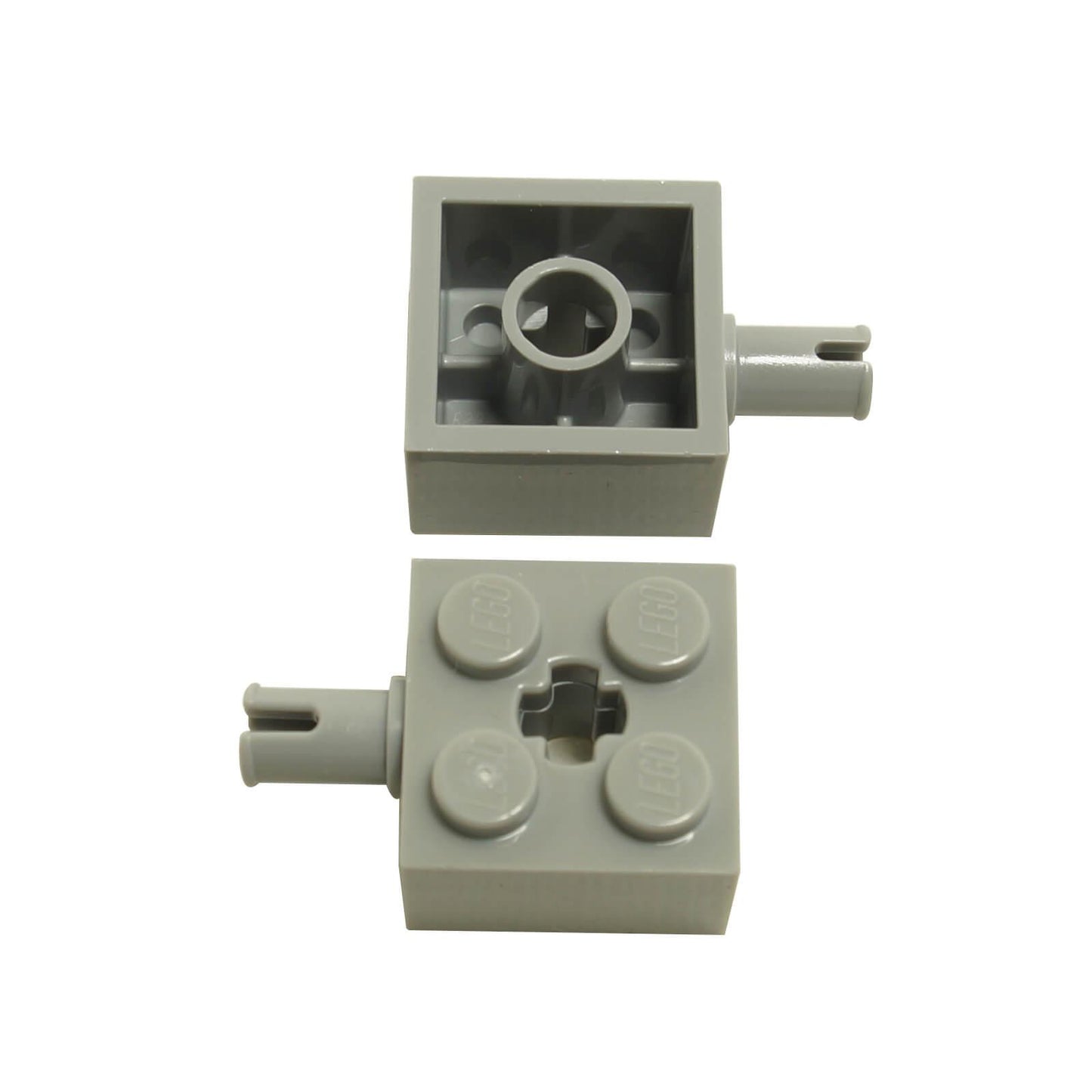 LEGO modified brick 2x2 part 6232 with pin and axle hole light bluish gray