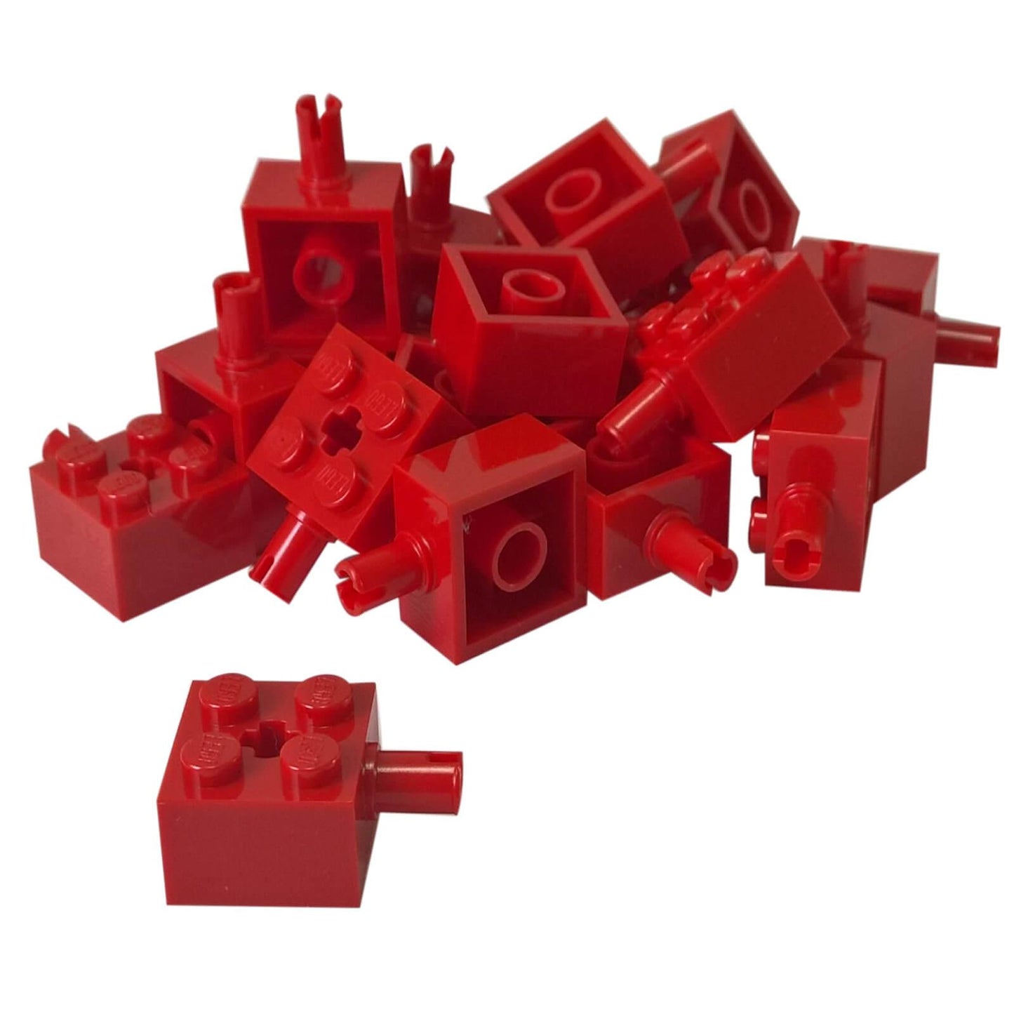 LEGO modified brick 2x2 part 6232 with pin and axle hole red