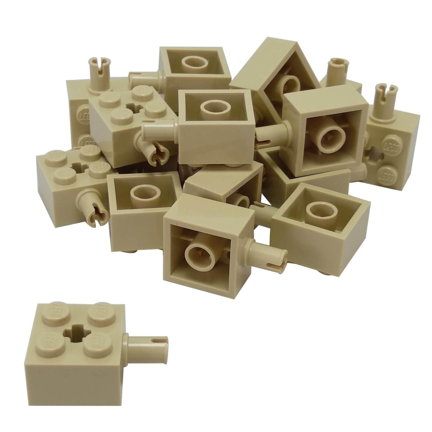 LEGO modified brick 2x2 part 6232 with pin and axle hole tan