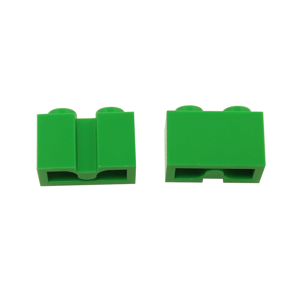 LEGO® Brick Modified 1 x 2 with Groove in bright green, featuring a central recessed line along one side.
