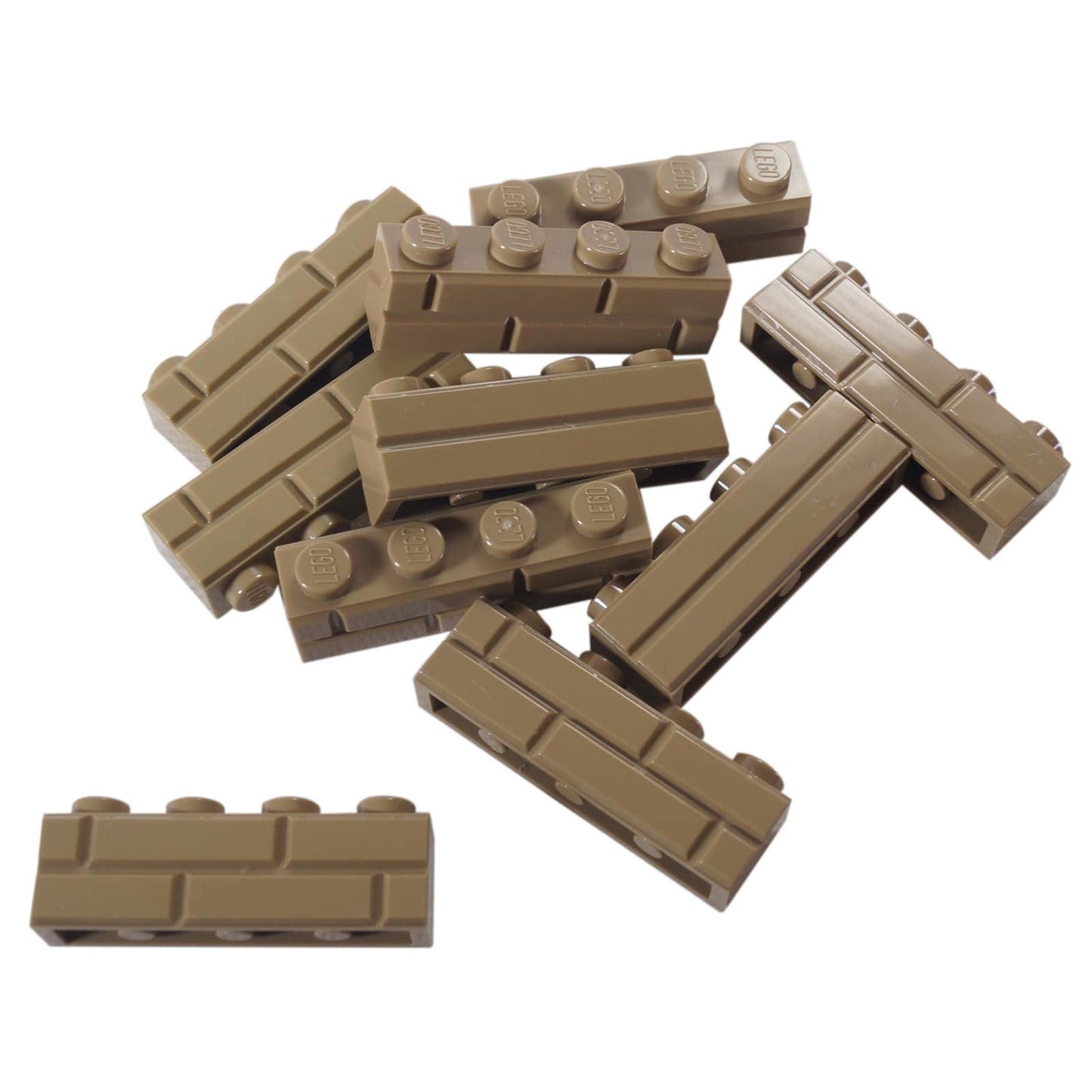 LEGO® modified brick 1 x 4 with masonry profile, textured stone pattern for walls and buildings, dark tan color
