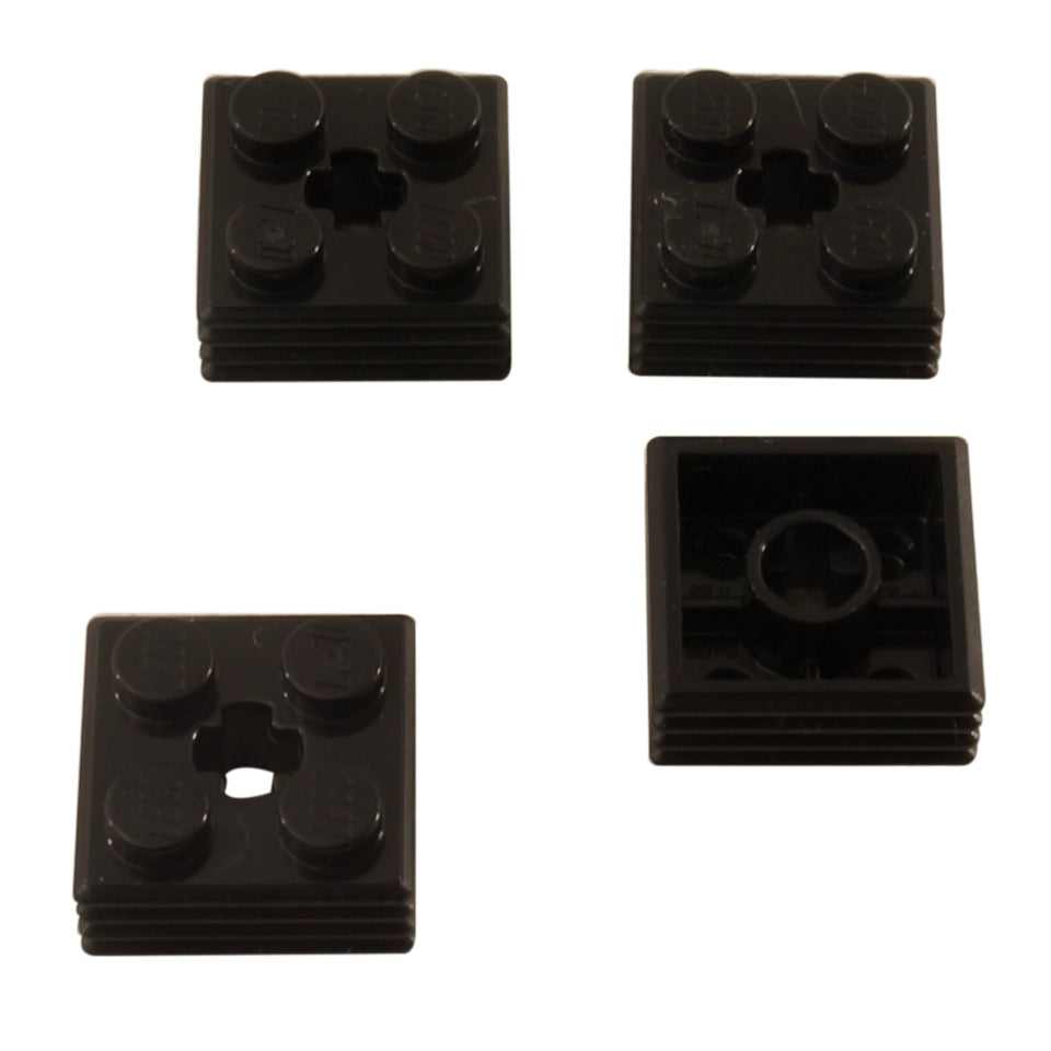 LEGO® modified brick 2 x 2 x 2/3 with ribbed sides and axle hole, used for Technic integration and detailed shaping, black color
