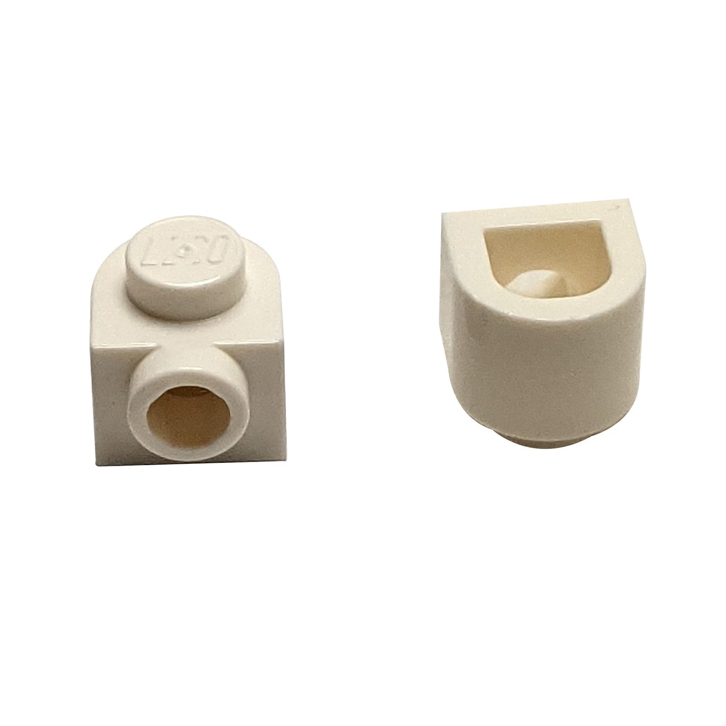 LEGO® Brick Round 1 x 1 x 2/3 Half Circle Extended with side stud in white, featuring a curved front profile.
