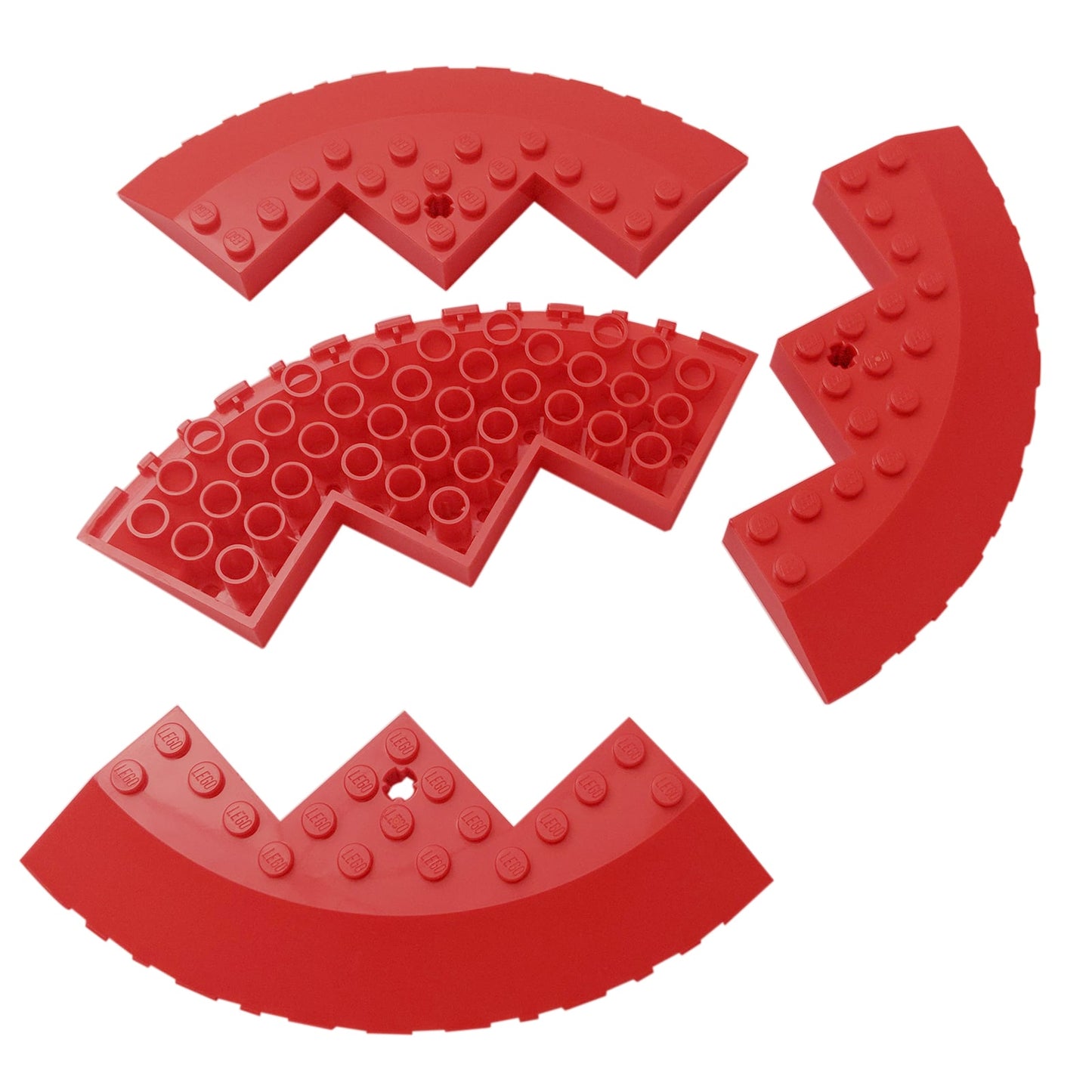 LEGO® round corner brick 10 x 10 with 33 degree sloped edge, axle hole and facet cutout, used for large curved structures or vehicle builds, red color
