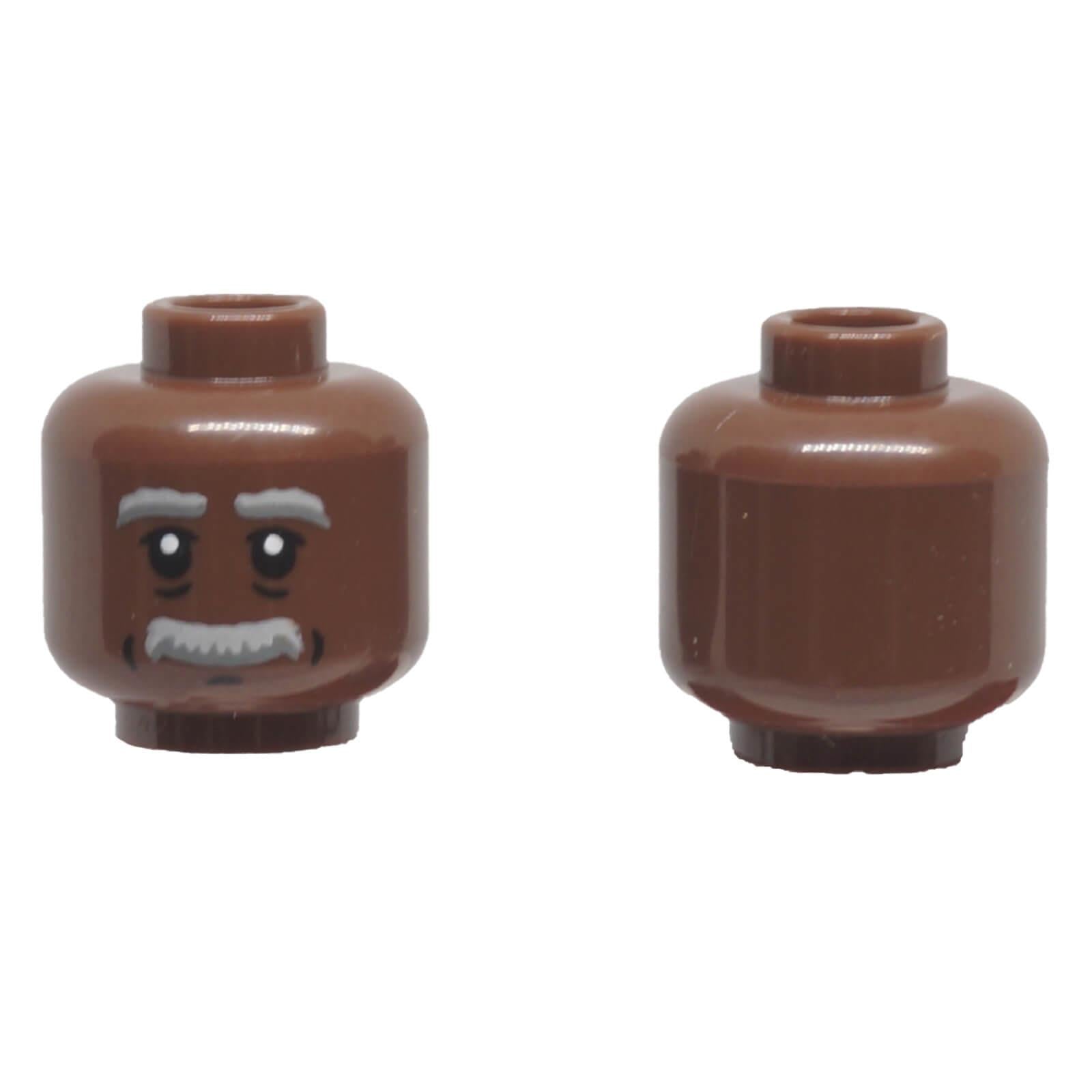 LEGO brown elderly minifigure head 3626pb3832 with gray eyebrows, moustache and friendly grin