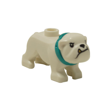 LEGO® white bulldog figure (65388pb03) with a dark turquoise collar and a printed gold tooth on its face.