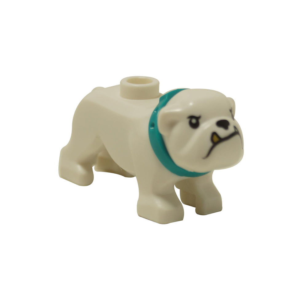 LEGO® white bulldog figure (65388pb03) with a dark turquoise collar and a printed gold tooth on its face.