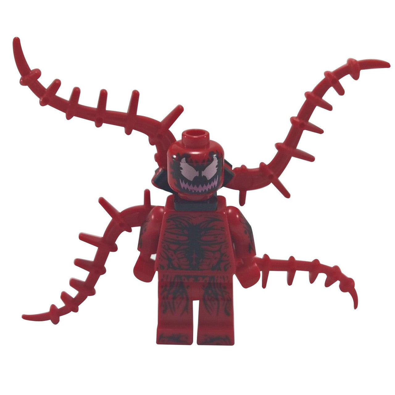 The LEGO Carnage minifigure (sh187) with its terrifying grin and four large red symbiote tentacles extending from its back.