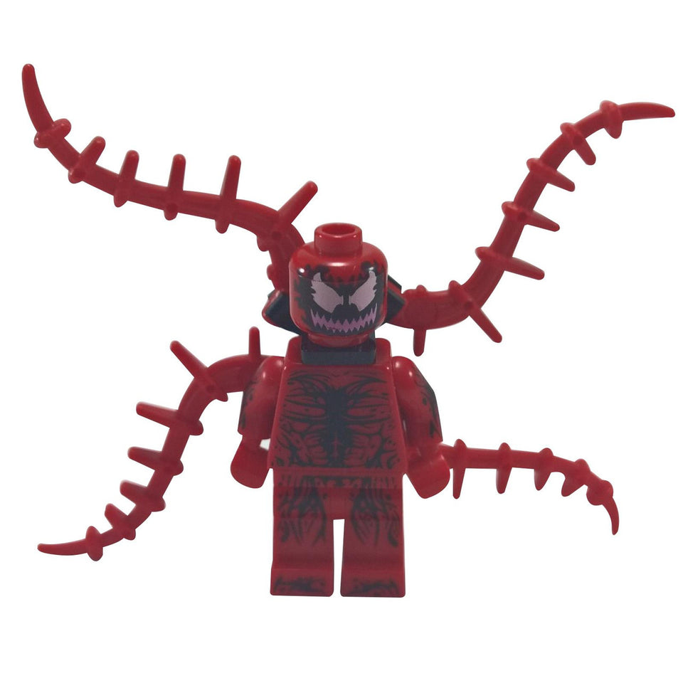 The LEGO Carnage minifigure (sh187) with its terrifying grin and four large red symbiote tentacles extending from its back.