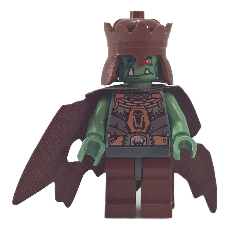  LEGO® Minifigura del Rey Troll de la Era de Fantasía del Castillo (cas420) con piel verde arena, corona marrón rojiza y capa desgastada.