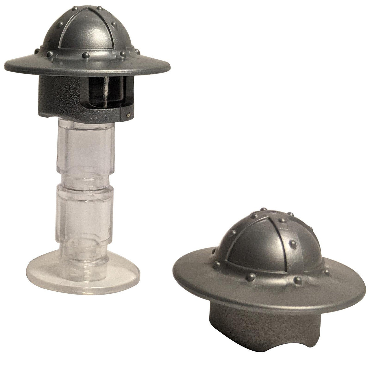 LEGO® Castle Helmet (30273) in flat silver, featuring a broad brim and a protective chin guard.