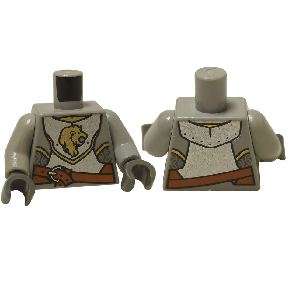 LEGO® Castle Lion Knight torso (973pb0682c01), showing the front and back of the printed breastplate armor with a gold lion head.