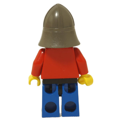 Back view of LEGO® Castle Scale Mail Knight minifigure cas155 with red torso, blue legs, and dark gray helmet.
