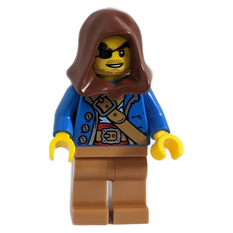 LEGO® Smuggler minifigure (adp016) from Castle in the Forest, wearing a blue coat, brown hood, and an eye patch.
