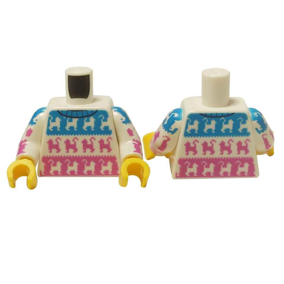LEGO® Torso (973pb5928c01) for a cat lover sweater, showing the front and back of the white sweater with blue and pink cat patterns.