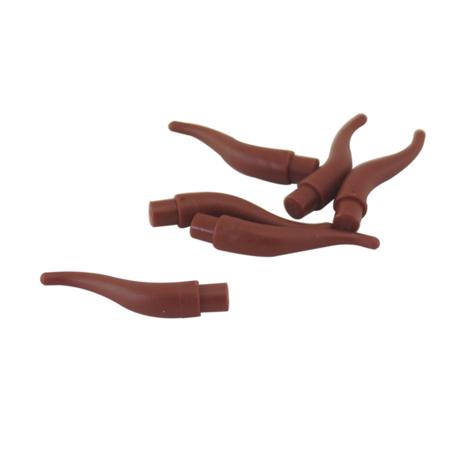 LEGO® long cattle horn element with curved tapered shape, used for animals, helmets, or decorative builds, reddish brown color

