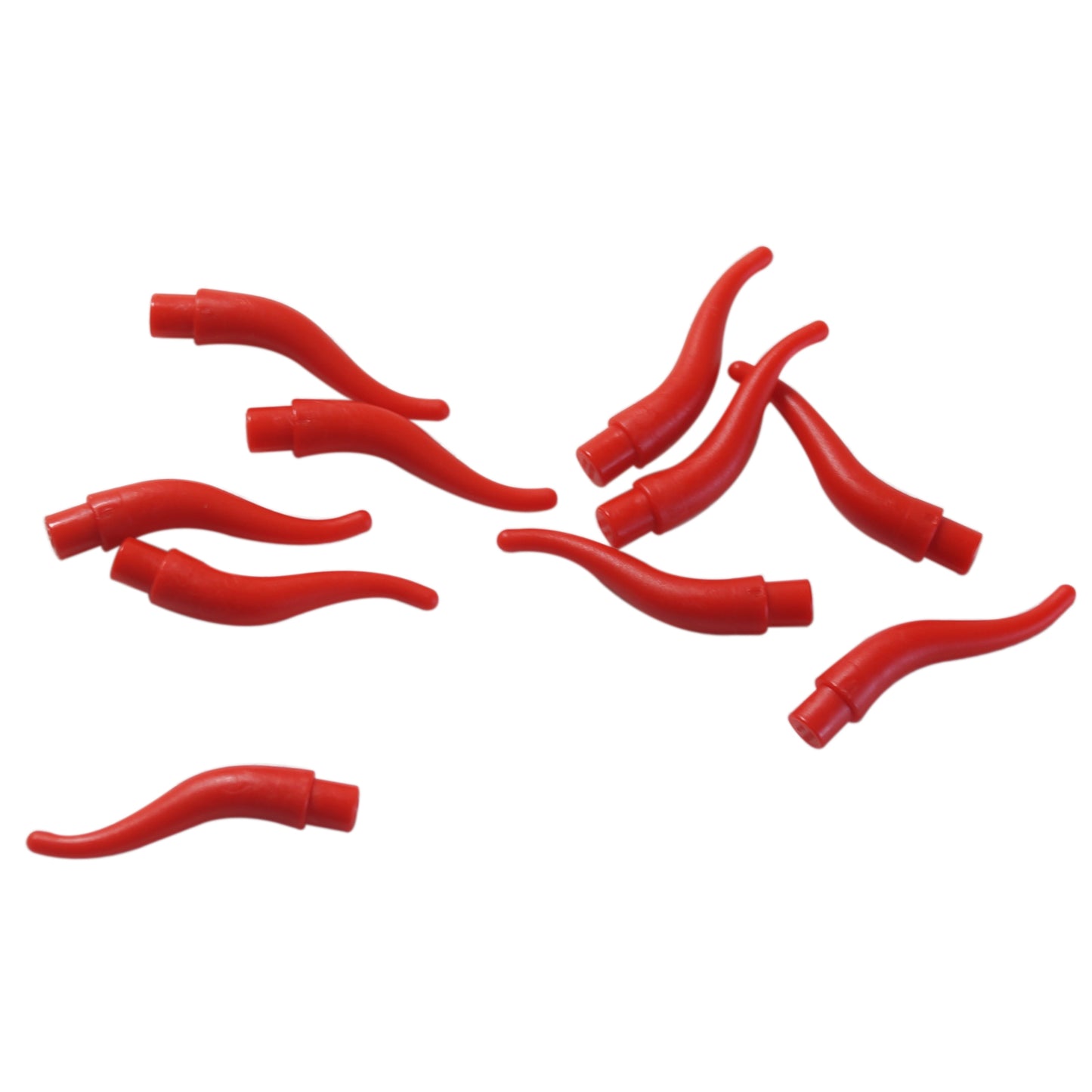 LEGO® long cattle horn element with curved tapered shape, used for animals, helmets, or decorative builds, red color
