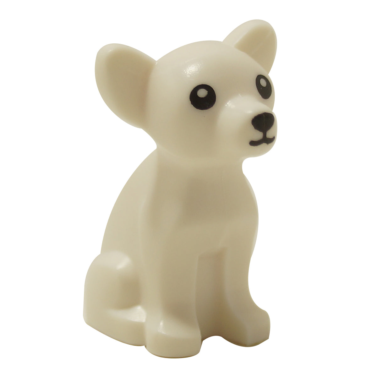 LEGO® Chihuahua dog figure (12888pb01) in white with printed black eyes, nose, and mouth, shown from the side.