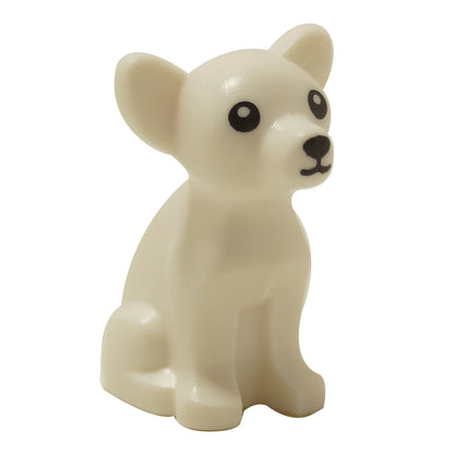 LEGO® Chihuahua dog figure (12888pb01) in white with printed black eyes, nose, and mouth, shown from the side.