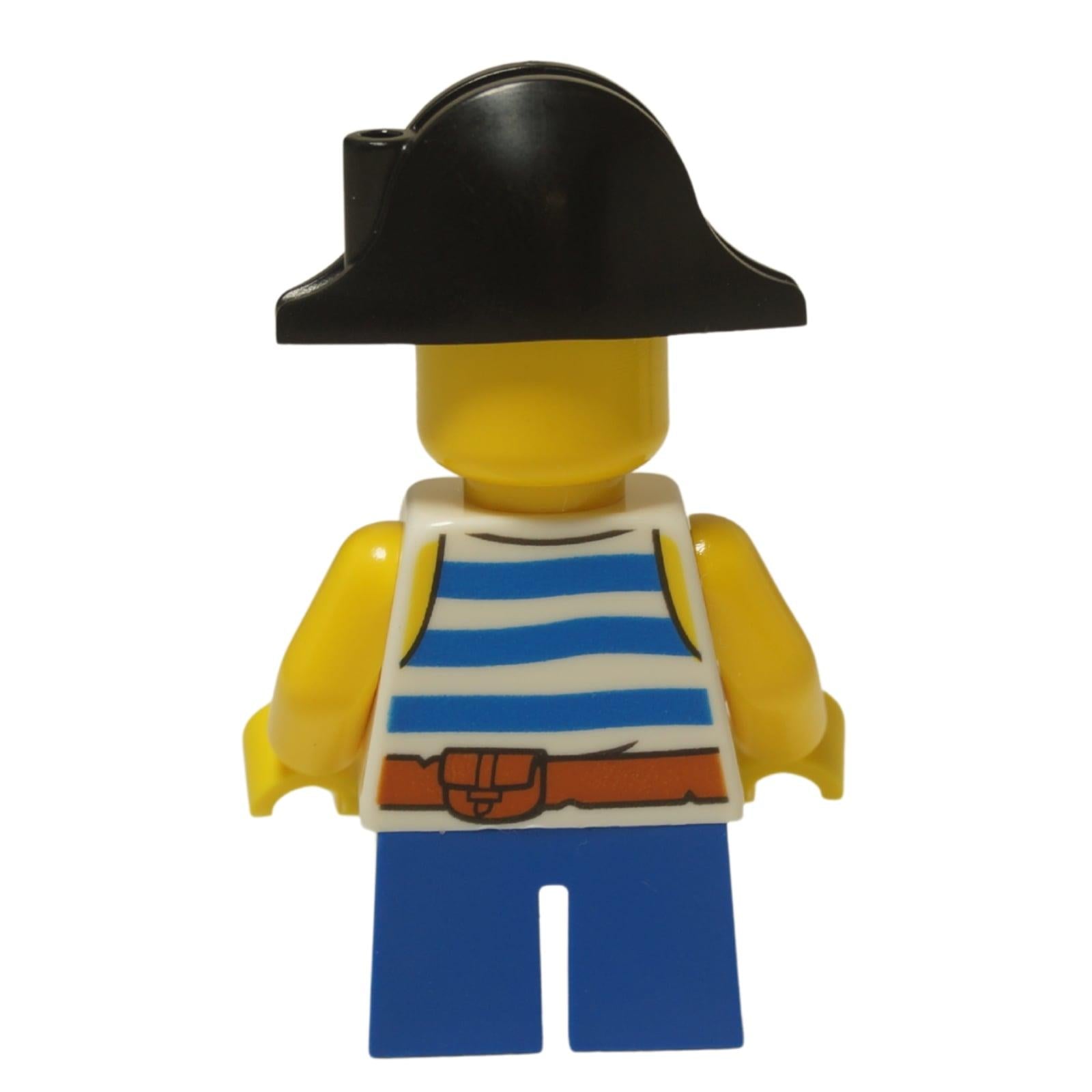 LEGO City child minifigure twn450 wearing pirate costume with skull hat and striped shirt. Back view.