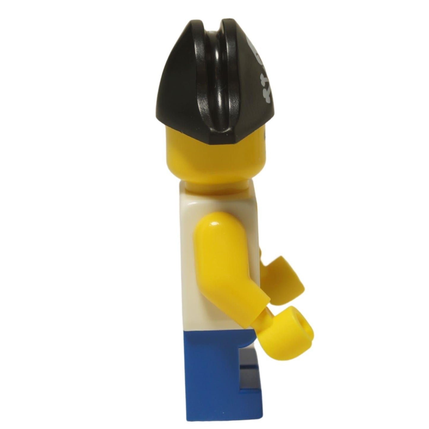 LEGO City child minifigure twn450 wearing pirate costume with skull hat and striped shirt. Side view.