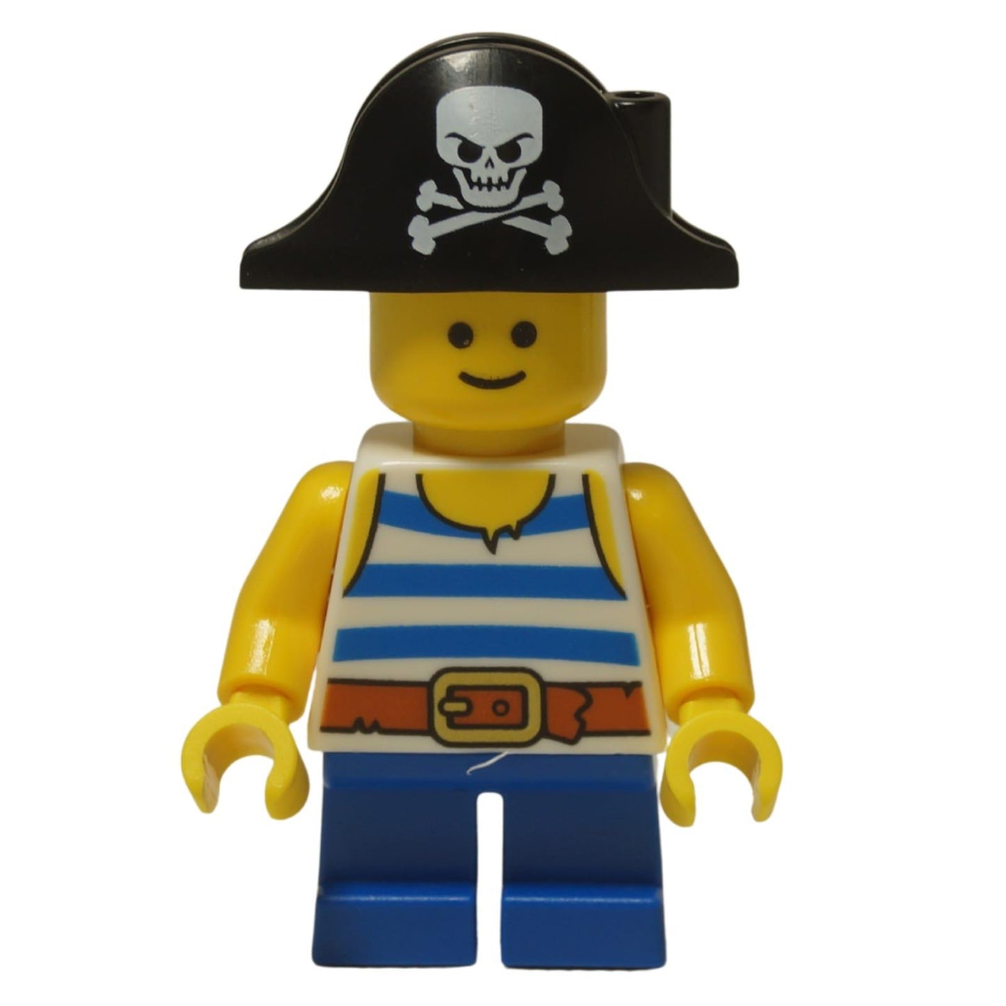 LEGO City child minifigure twn450 wearing pirate costume with skull hat and striped shirt.