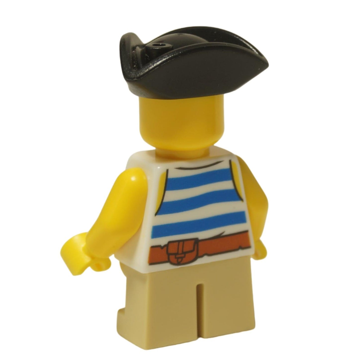 LEGO City child minifigure twn464 boy in pirate costume with tan legs and tricorne hat. Back view.