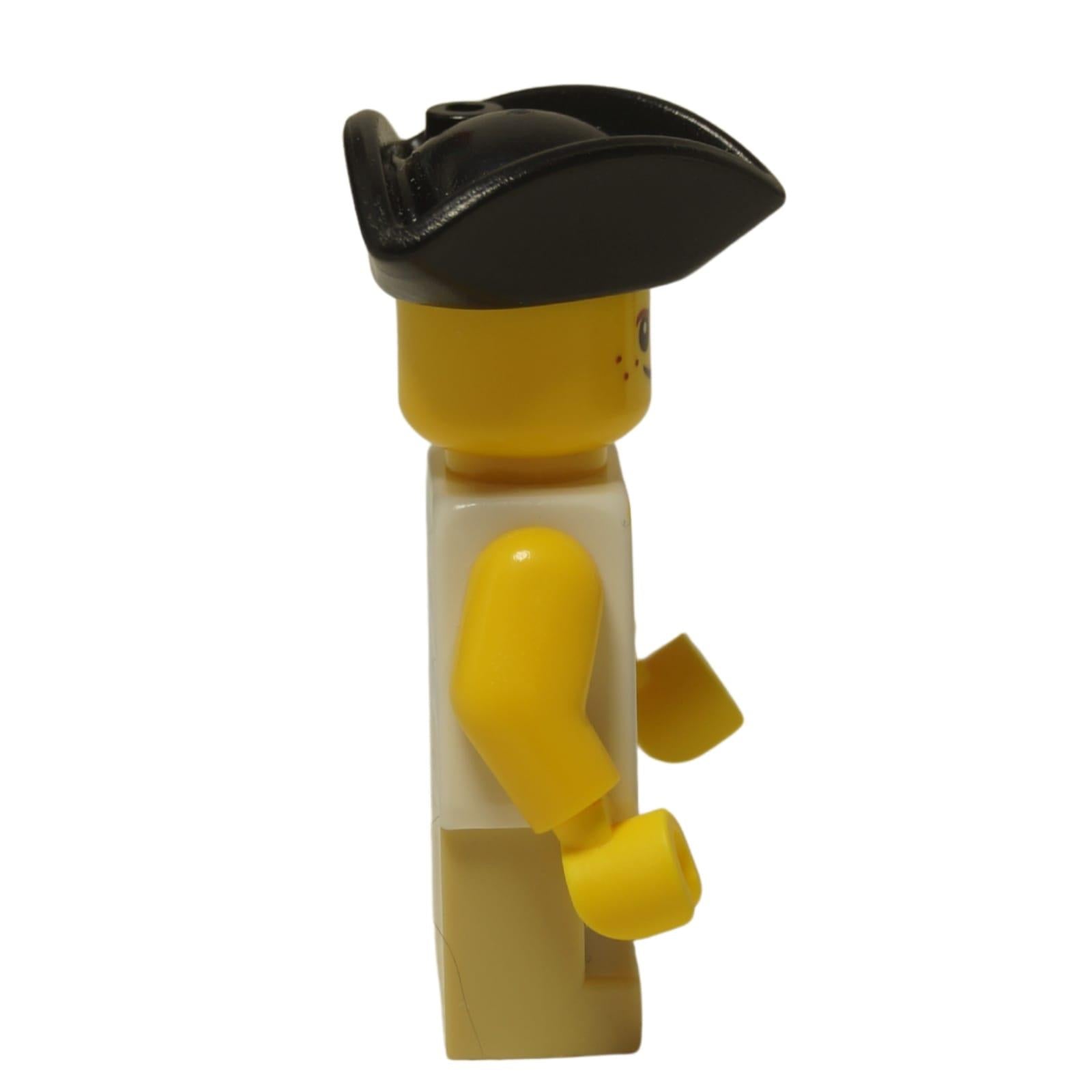 LEGO City child minifigure twn464 boy in pirate costume with tan legs and tricorne hat. Side view.