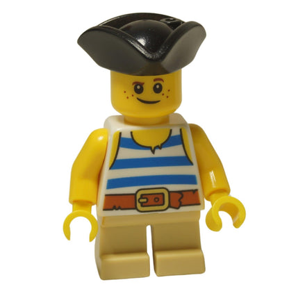 LEGO City child minifigure twn464 boy in pirate costume with tan legs and tricorne hat.