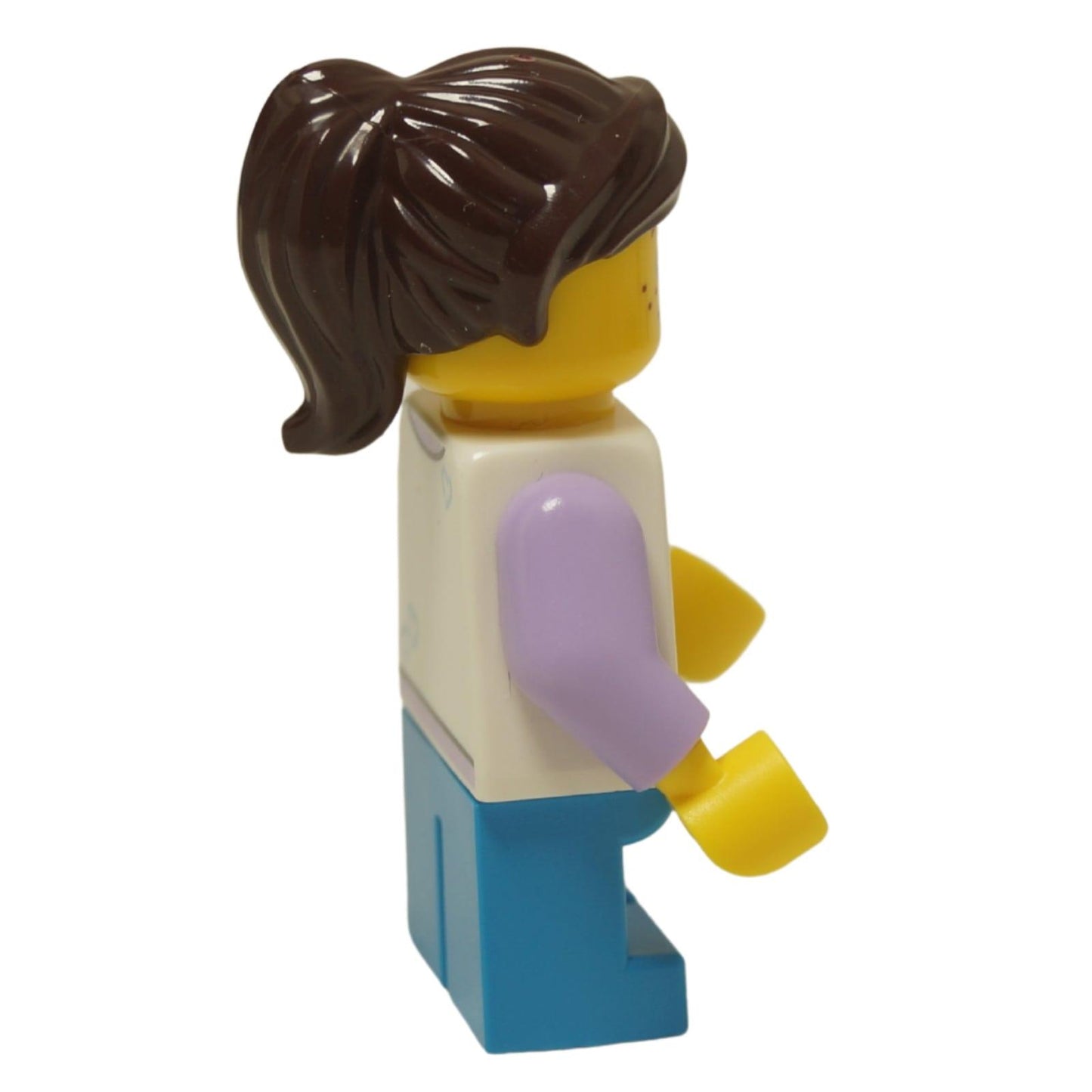 LEGO City child girl minifigure twn498 with raccoon print shirt and dark azure legs. Side view.
