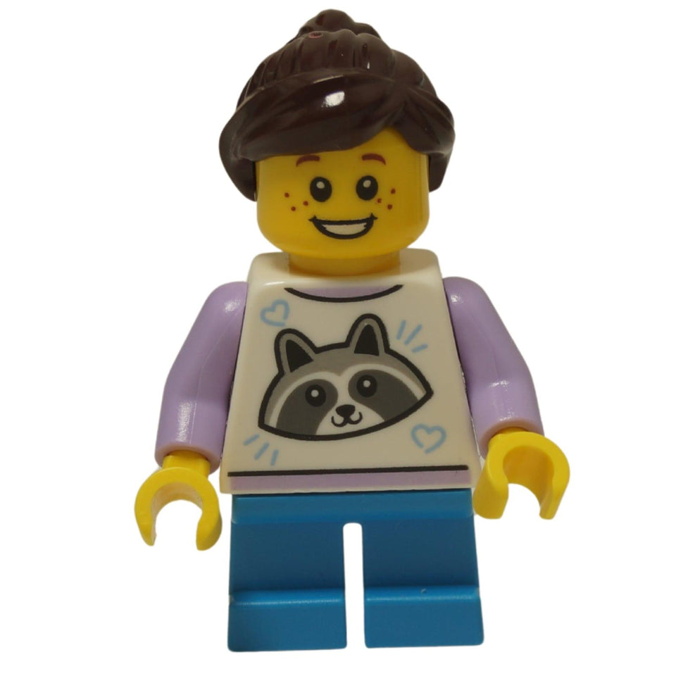 LEGO City child girl minifigure twn498 with raccoon print shirt and dark azure legs.