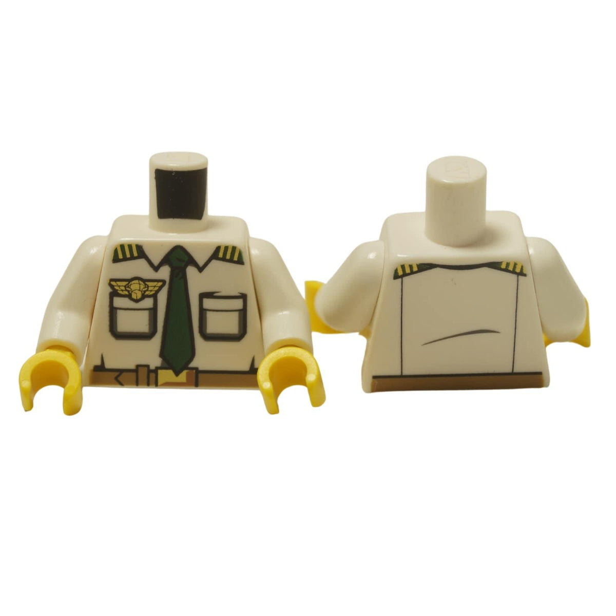 LEGO® City Airline Pilot Torso (973pb1433c01), showing the front and back of the white uniform shirt with gold pilot wings.