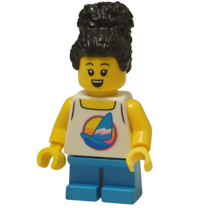 LEGO® City child minifigure (cty1624) with a white sailboat tank top, blue shorts, and a black coiled hair bun.
