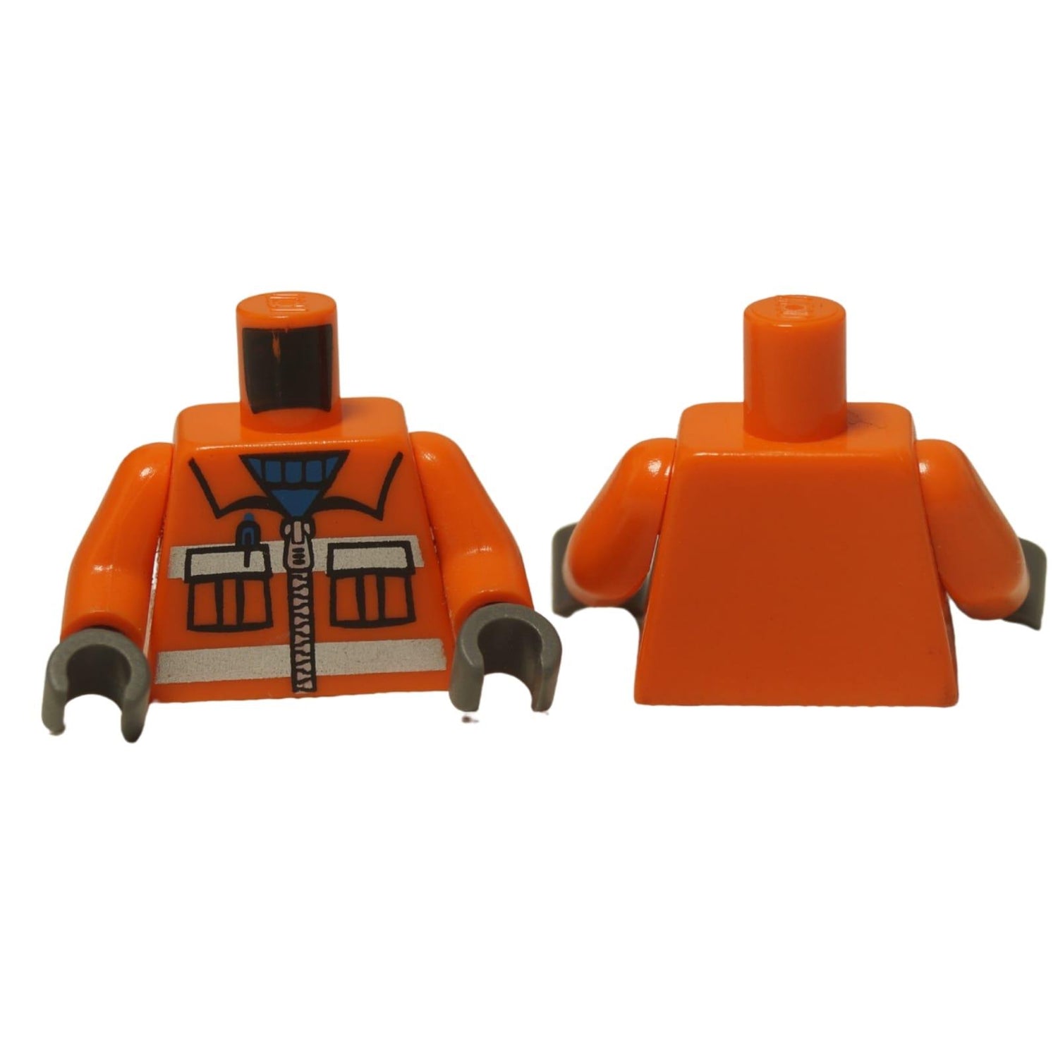 LEGO® City Construction Worker Torso (973pb0263c02) はオレンジ色で、印刷されたポケット、ジッパー、反射ストライプが付いています。