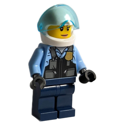 Female LEGO helicopter pilot cty1311 in police vest and white helmet.
