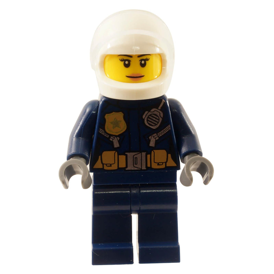 Female police biker minifigure with helmet and dark uniform