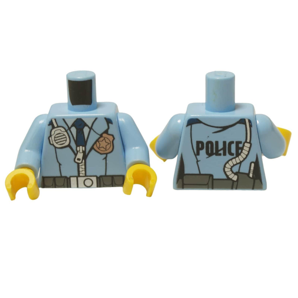 LEGO® City Female Police Officer Torso (973pb2161c01), showing the detailed light blue jacket with badge on the front and 'POLICE' on the back.
