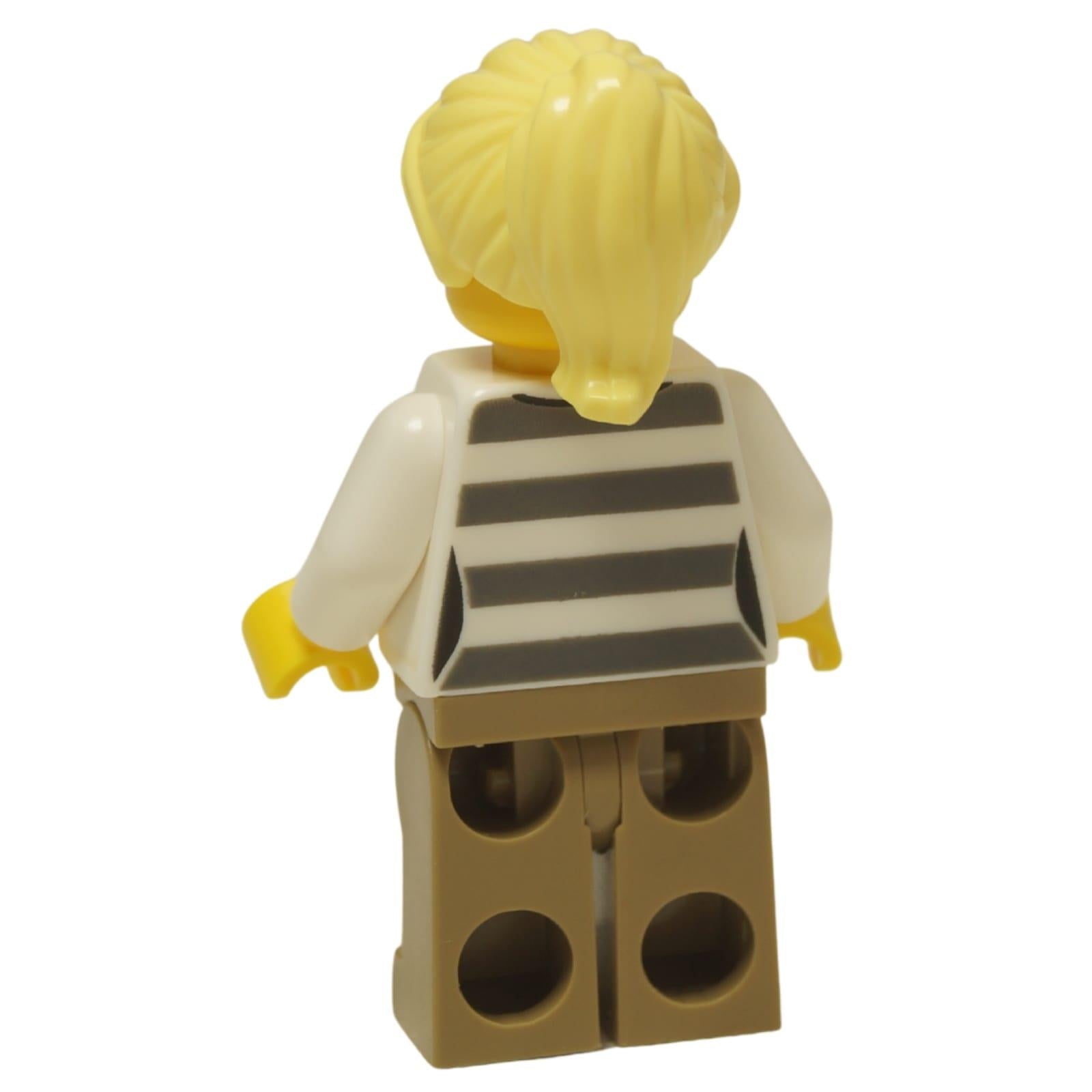 LEGO® City Female Prisoner minifigure (cty1368) shown with both her smirking and winking facial expressions. Back view.
