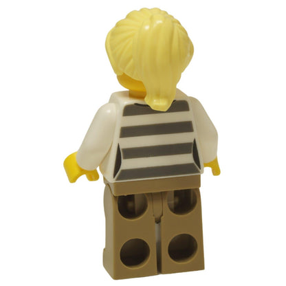 LEGO® City Female Prisoner minifigure (cty1368) shown with both her smirking and winking facial expressions. Back view.