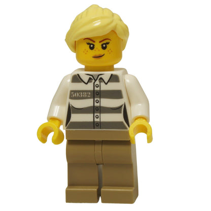 LEGO® City Female Prisoner minifigure (cty1368) shown with  her smirking  facial expressions.