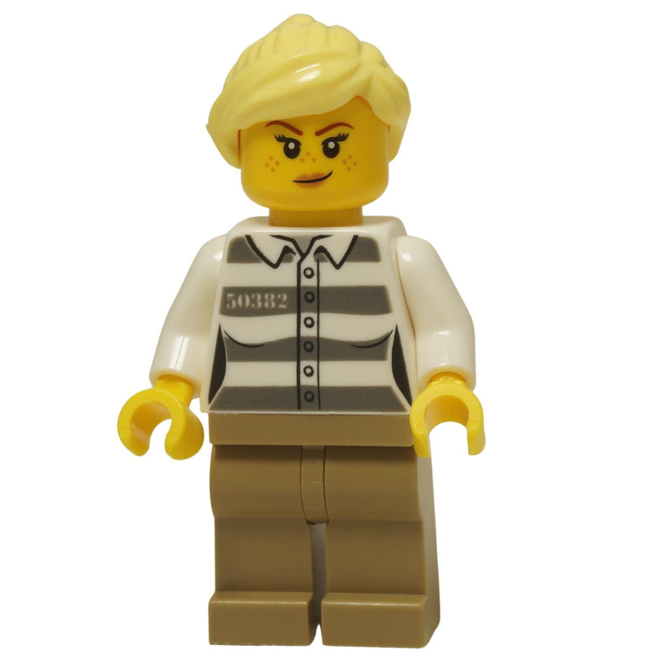 LEGO® City Female Prisoner minifigure (cty1368) shown with  her smirking  facial expressions.