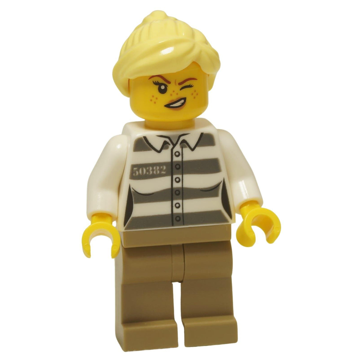 LEGO® City Female Prisoner 미니피겨 (cty1368)가 윙크하는 표정과 함께 보여집니다.